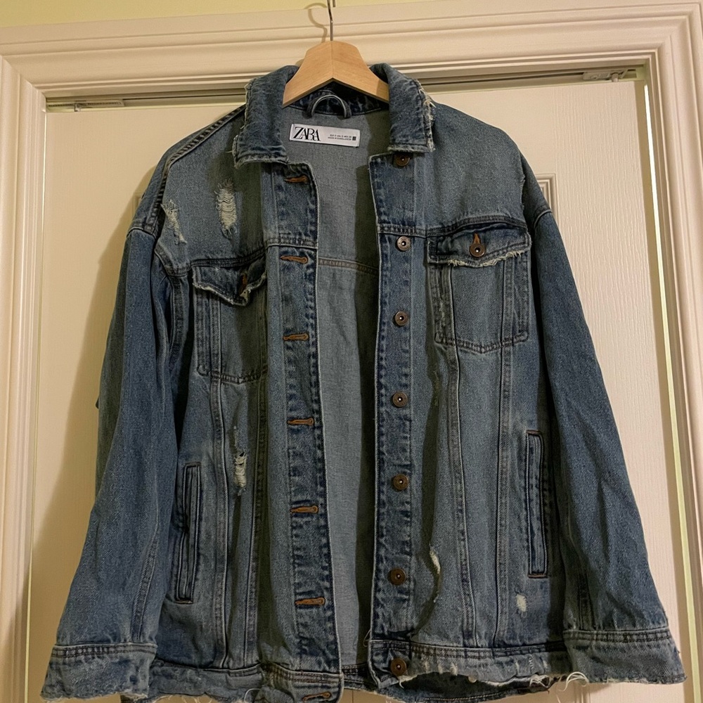 Zara Women's Blue Distressed Denim Jacket